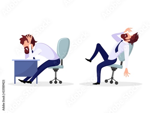 Set with poses of office worker, employee who has psychological problems. Bearded man in formal suit suffering at workplace. Inner, mental conflict, rejection of situation. Cartoon vector on white.