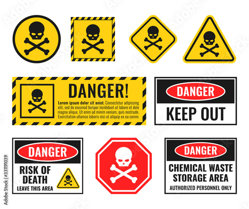 danger sign with scull and crossbones, warning icons set photo
