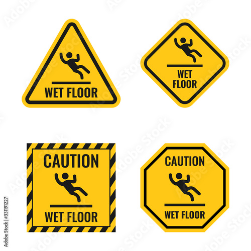 wet floor danger caution sign set, slippery floor warning notice