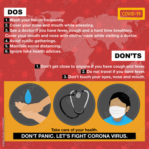 Worldwide awareness/appeal/advisory/steps to follow. Useful, graphic, informative banner/poster/campaign/ad design with the dos and don'ts text guidelines, to fight the COVID - 19/Novel Corona virus. 