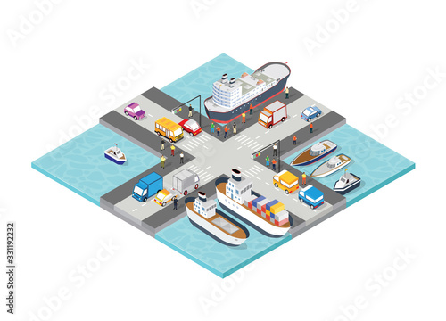 Isometric port ship tourism seaport with people