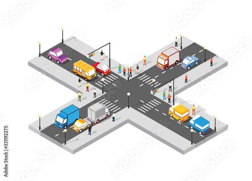 Isometric Crossroads intersection of streets with people photo
