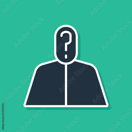 Blue Anonymous man with question mark icon isolated on green background. Unknown user, incognito profile, business secrecy, obscurity. Vector Illustration