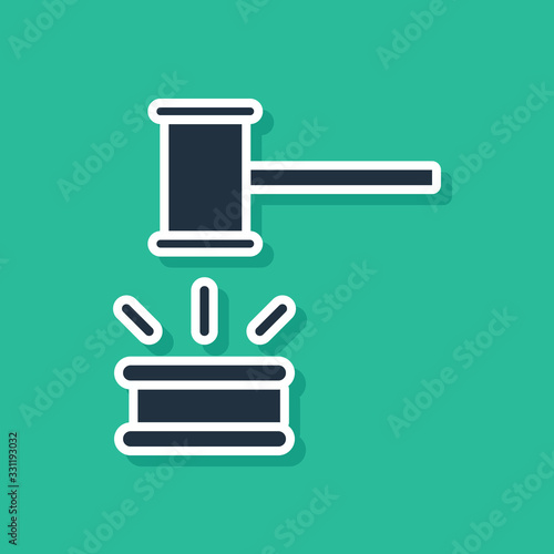 Blue Judge gavel icon isolated on green background. Gavel for adjudication of sentences and bills, court, justice. Auction hammer. Vector Illustration