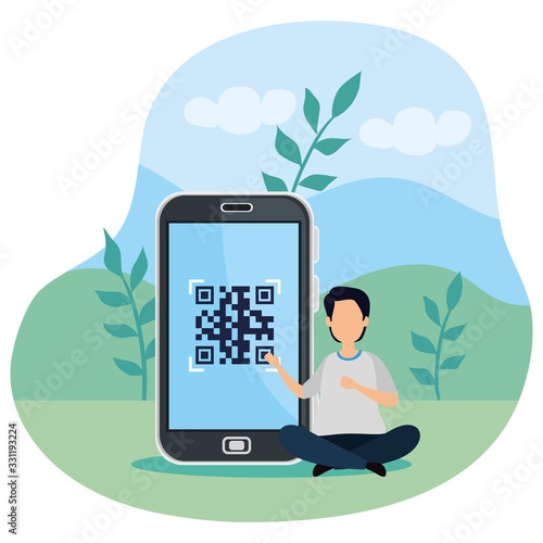 scan code qr in smartphone with man and icons vector illustration design