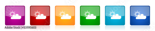Cloud icon set, colorful square glossy vector illustrations in 6 options for web design and mobile applications