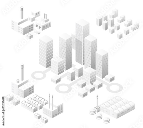 Isometric set white city with skyscrapers with houses
