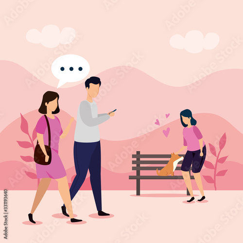 group of people in landscape avatar characters vector illustration design