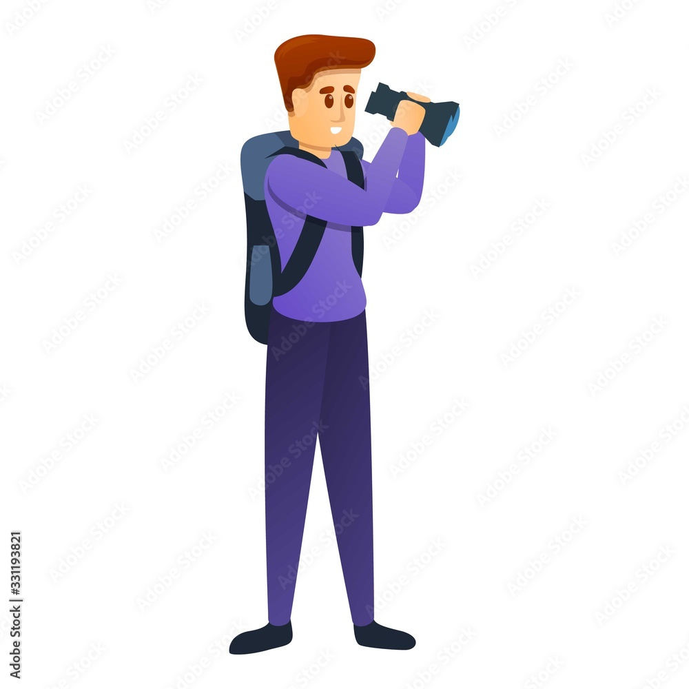 Tourist with binoculars icon. Cartoon of tourist with binoculars vector icon for web design isolated on white background Tourist with binoculars icon. Cartoon of tourist with binoculars vector icon for web design isolated on white background