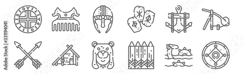 set of 12 viking icons. outline thin line icons such as shield, fence, house, anchor, helmet, comb