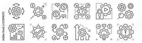 set of 12 risk management icons. outline thin line icons such as risk, uce, available, security, business, gear