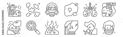 set of 12 pollution icons. outline thin line icons such as face mask, factory, dust, lung, gas mask, dust