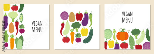 Cute set of Vegan Menu backgrounds with various vegetables