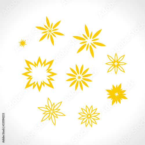 Set of flat vector star shape patterns. Different yellow stars rays for design use.