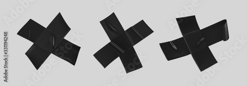 Black duct tape cross set. Realistic black adhesive tape cross for fixing isolated on gray background. Scotch cross. Realistic 3d vector illustration