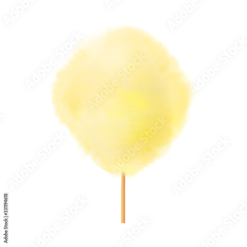 Cotton candy. Realistic yellow cotton candy on wooden stick. Summer tasty and sweet snack for children in parks and food festivals. 3d vector realistic illustration isolated on white background