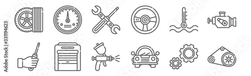 set of 12 car garage icons. outline thin line icons such as timing belt, car, garage, temperature, repair, dashboard