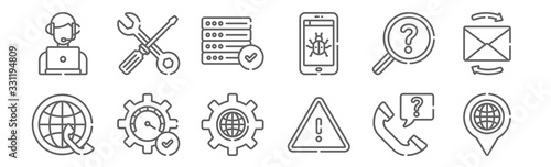 set of 12 tech support icons. outline thin line icons such as placeholder, warning, optimization, search, server, settings