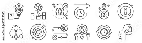 set of 12 sustainable competitive icons. outline thin line icons such as loyalty, service, outstanding, market positioning, customers, low cost