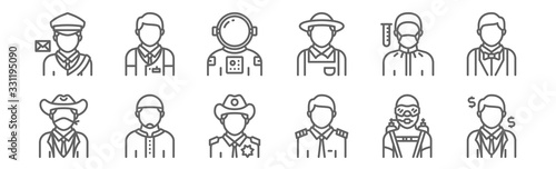 set of 12 profession avatar icons. outline thin line icons such as businessman, pilot, moslem, chemist, astronaut, cashier