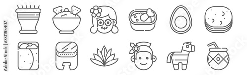 set of 12 mexico icons. outline thin line icons such as mate, aboriginal, huehuetl, avocado, catrina, guacamole