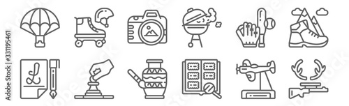 set of 12 hobby icons. outline thin line icons such as hunting, philately, chess, baseball, photo camera, roller skate