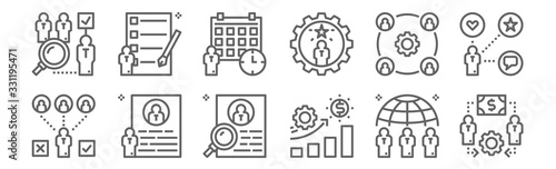 set of 12 recruitment icons. outline thin line icons such as hiring, job, resume, workforce, appointment, test