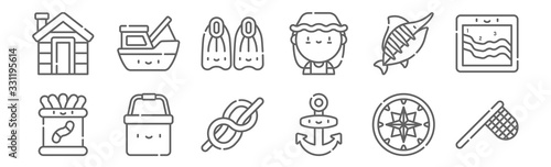 set of 12 fishing icons. outline thin line icons such as fishing net, anchor, bucket, marlin, fins, boat