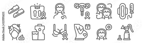 set of 12 women health icons. outline thin line icons such as breast pump, pregnancy, mineral water, mood changes, healthy heart, weight