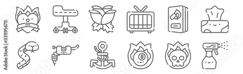 set of 12 tattoo studio icons. outline thin line icons such as water spray, pool, tattoo, catalogue, rose, stool