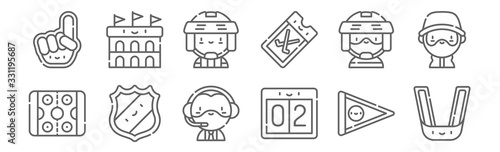 set of 12 hockey icons. outline thin line icons such as mouth guard, score, shield, hockey player, referee, stadium