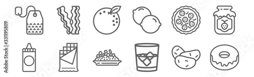 set of 12 gastronomy collection icons. outline thin line icons such as doughnut, glass, chocolate, pizza, orange, bacon