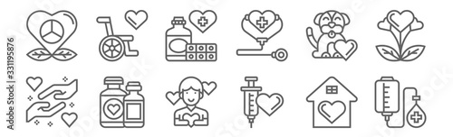 set of 12 charity elements icons. outline thin line icons such as blood donation, vaccine, water bottle, dog, medicine, wheelchair