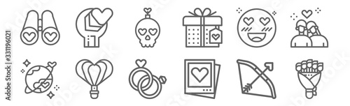 set of 12 love icons. outline thin line icons such as roses, photo, hot air balloon, emoji, skull, fix