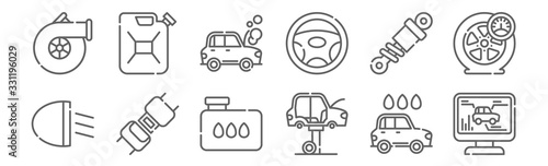 set of 12 car repair icons. outline thin line icons such as diagnostic, car repair, safety seat, damper, breakdown, canister