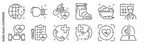 set of 12 global health care icons. outline thin line icons such as stretch, mental health, health report, vegetables, cycling, smartwatch