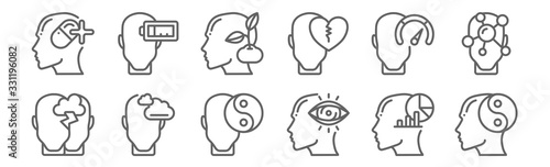 set of 12 human mind icons. outline thin line icons such as balance, vision, dreaming, strenght, growth, exhausted