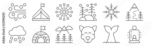 set of 12 arctic icons. outline thin line icons such as lantern, siberian husky, igloo, snowflake, snowflake, tent