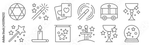 set of 12 magic icons. outline thin line icons such as crystal ball, excalibur, candle, cage, cards, magic wand