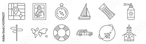 set of 12 travelling icons. outline thin line icons such as old church, taxi facing right, continents, mattress, compass pointing, mona lisa