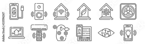 set of 12 smart home icons. outline thin line icons such as lamp, smart home, air conditioner, automation, wireless, doorbell