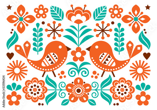 Scandinavian folk art vector cute floral pattern, greeting card or invitation A7 format design with birds, flowers inspired by traditional embroidery from Sweden, Norway and Denmark