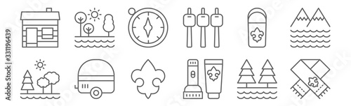 set of 12 scouts icons. outline thin line icons such as bandana, torch, trailer, lapel pin, compass, lake