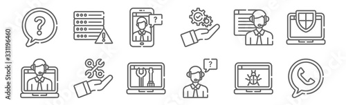 set of 12 tech support icons. outline thin line icons such as phone, customer support, settings, online support, smartphone, server