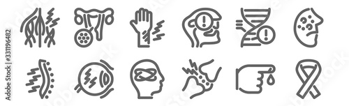 set of 12 disease icons. outline thin line icons such as ribbon, cartilage, eye, genetics, injury, vagina