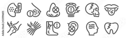 set of 12 disease icons. outline thin line icons such as tooth, deaf, sprain, skull, nose, cancer