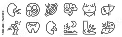 set of 12 disease icons. outline thin line icons such as kidney, insomnia, caries, obesity, muscle, fetus