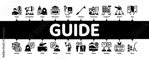 Guide Lead Traveler Minimal Infographic Web Banner Vector. Bus And Media Player Guide, Badge And Loudspeaker, Speak And Show Landmark Tourism Illustrations