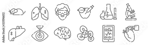 set of 12 bioengineering icons. outline thin line icons such as defibrillator, cells, laser surgery, chemical substances, scientist, artificial