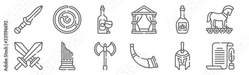 set of 12 ancient greece icons. outline thin line icons such as papyrus, horn, column, olive oil, wine, maze